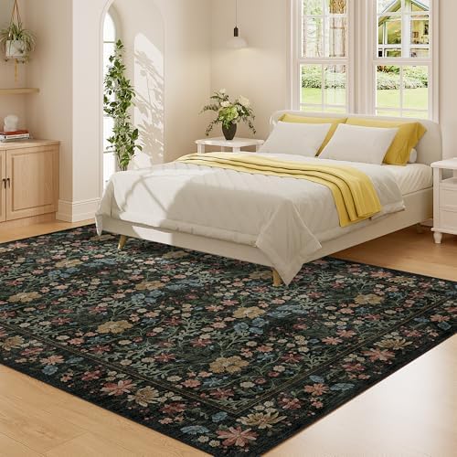DUKINO 6x9 Area Rug, Vintage Floral Washable Rugs for Living Room, Black