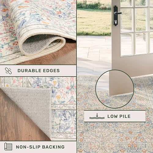 Washable 3x5 Bedroom Bedside Rug, Soft Area Rug for Large Kitchen, Entryway Indoor - Ultra Soft Vintage Floral Beige Blue Decor Non-Slip Low Pile Stain Resistance