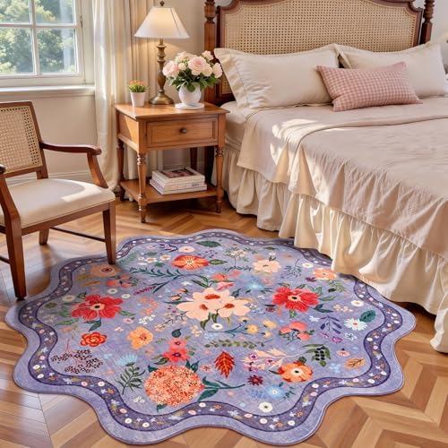 Macgace Floral Round Rug for Girls Bedroom, Washable 5ft Purple Area Rugs
