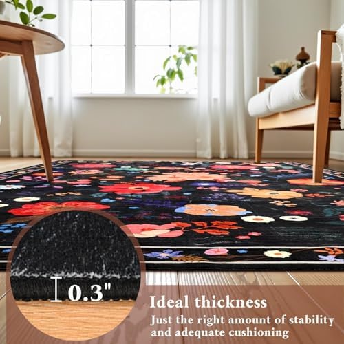 Macgace Floral Area Rug for Kitchen, Washable 2x6 Black Runner Rugs