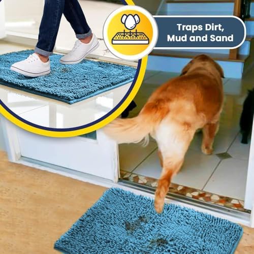 Muddy Mat® | Super Water Absorbent Door Mat Indoor, Microfiber Quick Dry Chenille Entryway Rug, Slip Resistant Front Door Mat, Indoor Mats for Entryway, Machine Washable Pet Rug, Sky Blue 32" x 70"