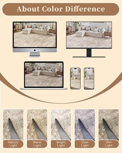 Madane Washable Round Rug 5ft for Living Room,Soft Neutral Rug Beige/Brown