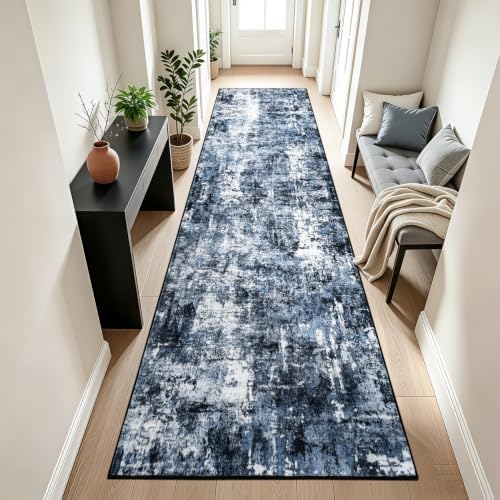 Rugflix 3x12 Runner Rug for Hallway, Washable Navy Blue Long Runners