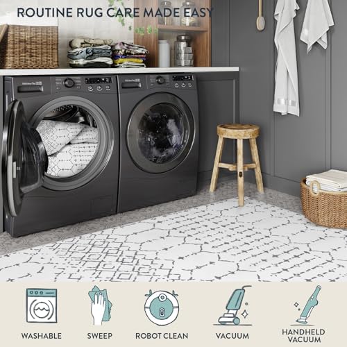 Lahome Moroccan 8x10 Rugs for Living Room - Non-Slip Washable Ultra-Thin Large Rug for Dining, Modern Geometric Print Indoor Soft Carpet for Bedroom Office Hana, White