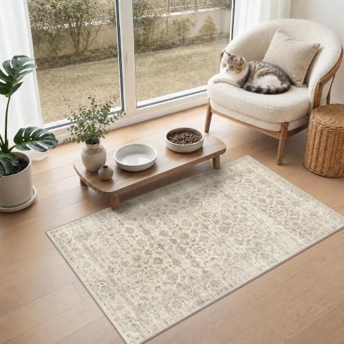 JOOJA 2x4 Beige Vintage Floral Low Pile Non Slip Washable Boho Runner Rug