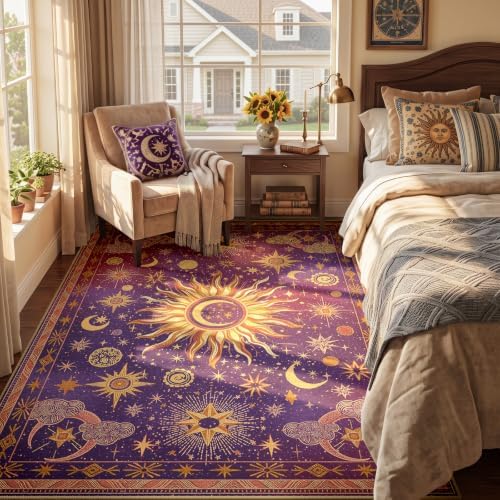 Vacuum-Friendly, 5x7 Washable Area Rug, Purple Red Gold
