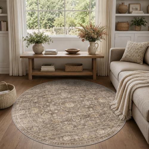 JOOJA 4x4 Tan Vintage Soft Low Pile Washable Boho Small Round Kitchen Rug