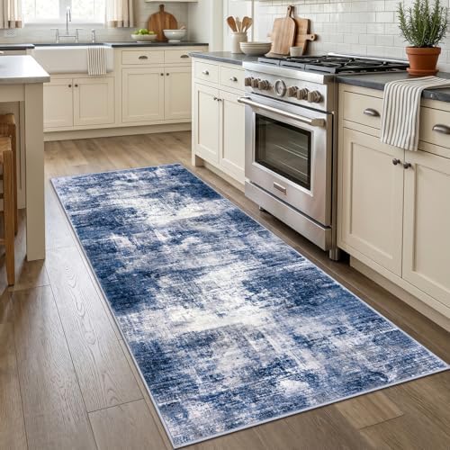 IOHOUZE Abstract Runner Rug 3x7 Ft Washable Runners for Hallways, Non Slip Kitchen Runner Printed Faux Wool Entryway Runner Indoor, Modern Abstract Floor Carpet for Hall Kitchen Bedroom, Navy/Grey