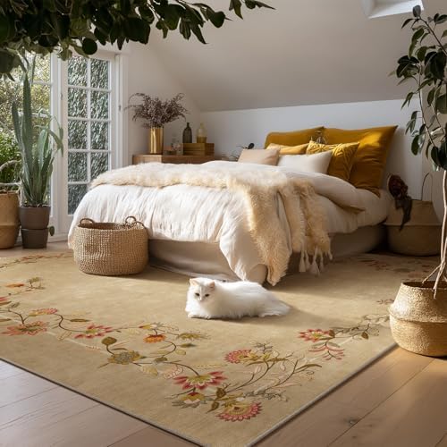 9x12 Area Rugs for Living Room: Washable Bedroom Rug Non Slip Floral Carpet