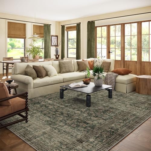10x12 Area Rugs for Living room: Large Washable Rugs Stain Resistant Non Slip Distressed Vintage Floral Rug Low Pile Faux Wool Soft Green Rugs for Bedroom Farmhouse Dining Room Kids Playroom Nursery