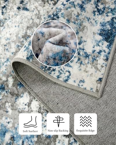 Washable Area Rug for Living Room: 5x7 Modern Abstract Neutral Soft Rug for Bedroom Dining Room No Slip Low Pile Carpet for Nursery Home Office - Grey/Blue