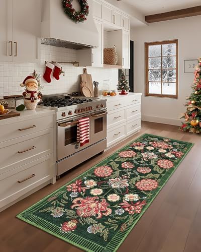 GarveeHome Forest Green Floral Botanical 2x6 Washable Kitchen Runner Rugs Non Slip Vintage Boho Cottage Long Rug for Hallways Bedroom Entryway Bathroom Mat with Rubber Back