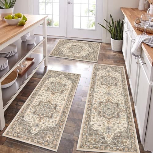 HEBE Boho Kitchen Rugs Set of 3, Non Slip Washable Kitchen Mats for Floor