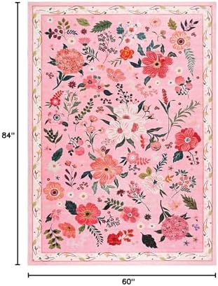 Macgace Floral Area Rug for Living Room, Machine Washable 5x7 Pink Rugs