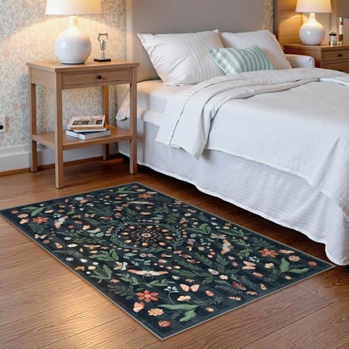 Lahome Washable Insect Botanical 3x5 Area Rugs for Entryway - Machine Washable Non-Slip Kitchen Rugs, Black Boho Low Profile Soft Faux Wool Indoor Door Mat for Bedroom, Bedside, Bathroom, Laundry