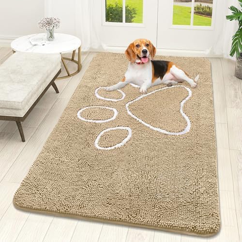 OLANLY Dog Door Mat for Muddy Paws 59x32, Paw Print Design Chenille Mud Mat