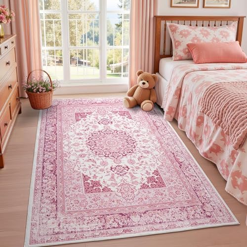 Macgace Washable Vintage Area Rug for Bedroom, 4x6 Cute Rugs Bright Pink