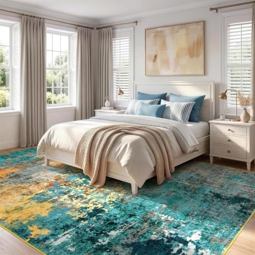 8x10 Area Rug for Living Room, Abstract Washable Large Rugs, Teal/Orange