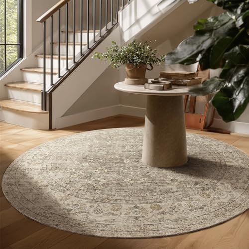 6ft Washable Round Rugs for Bedroom: Circle Living Room Rug Vintage Non Slip Low Pile Soft Faux Wool Non Shedding Boho Circular Rug for Kitchen Entryway Bathroom Bedside Office College Dorm Kids Room