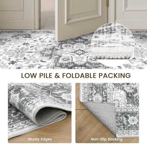 befbee Washable Area Rug 5x7, Vintage Low Pile Carpet for Bedroom Grey