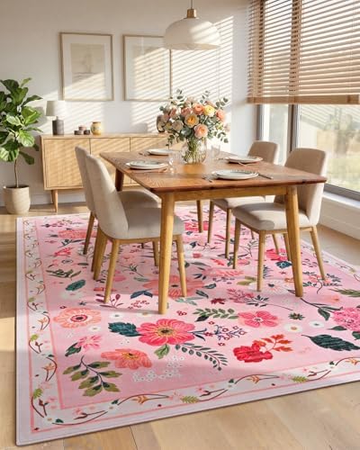 Macgace Floral Area Rug for Living Room, Machine Washable 5x7 Pink Rugs