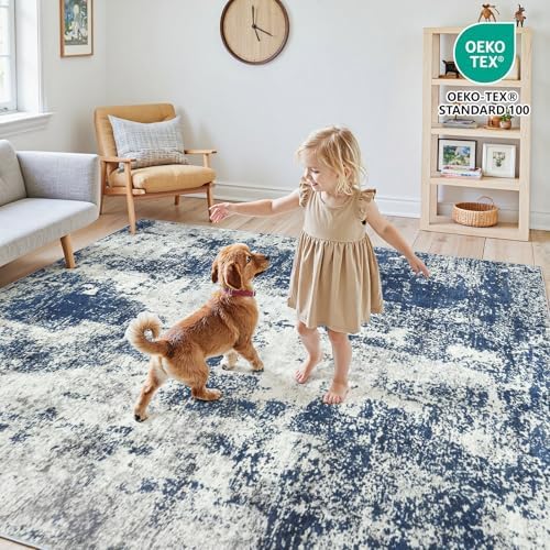 8x10 Area Rugs for Living Room Large Washable Abstract Blue Carpets