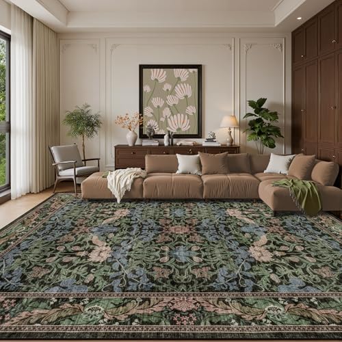 10x14 Area Rug Living Room: Soft Floral Washable Carpet Brown Green