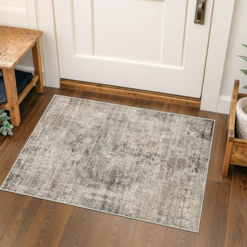 Farmhouse Taupe Brown 2x3 Indoor Entryway Rug - Washable Small Throw Rugs for Kitchen, Bathroom, Modern Medallion Abstract Design, Non Slip Low Pile Soft Carpet, Distressed Design