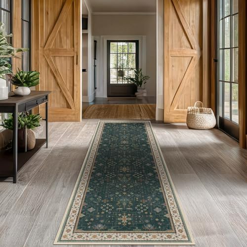 Hazo Haus Dark Green Kitchen Rug 10 ft Long - Modern Vintage Boho Unique Floral with Gold Accent, Washable Low Pile Non-Slip Extra Long Wide Runner Rugs for Hallway, 3x10