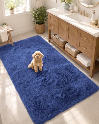 OLANLY 3x6 Machine Washable Runner Rugs for Hallway, Soft Fluffy Shaggy Bedside Rugs for Bedroom, Living Room, Indoor Floor Carpet for Kids Girls and Boys, Nursery Rooms, Home Decor, Navy Blue