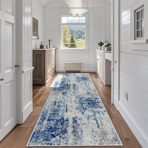 Runner Rugs for Hallways Kitchen 2.6x8 Non Slip Washable Blue Grey White
