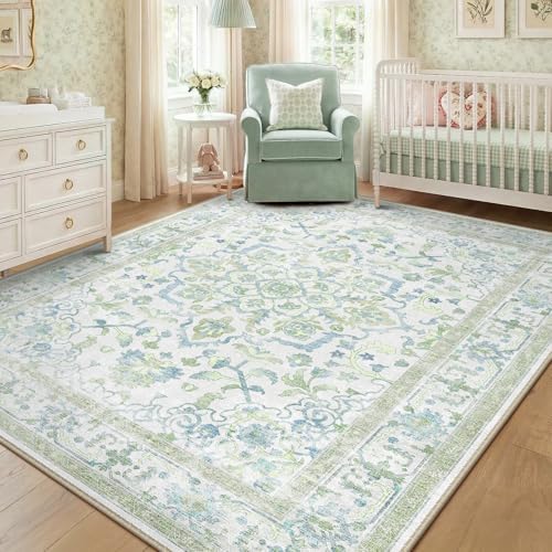 CAPALOCA 5x7 Washable Nursery Girls Low Pile Area Rug Green Blue