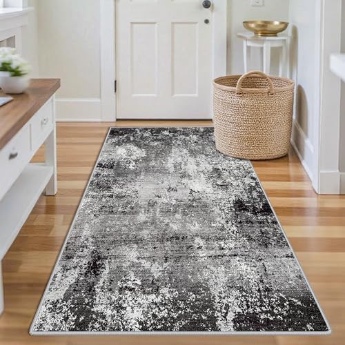 3x5 Washable Entryway Rug – Non-Slip Rubber Backed Small Area Rug for Kitchen, Bedroom, Living Room, Office – Soft Low-Pile Thin Modern Abstract Neutral Throw Rug （Black Grey,3x5）