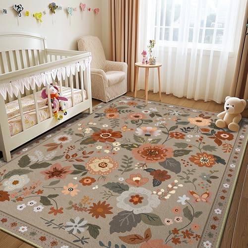 RELEANY Floral Washable 9x12 Area Rugs Brown/Brick