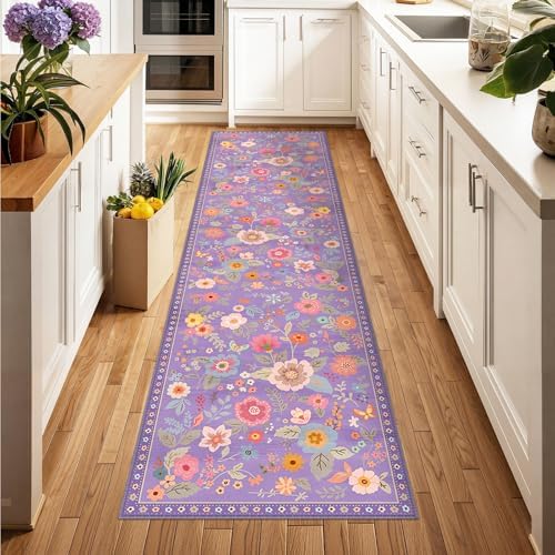 Floral Washable 2x10 Area Rugs Runner Entryway Hallway Purple/Pink