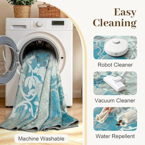 9x12 Washable Non-Slip Area Rug for Living Room (Blue)