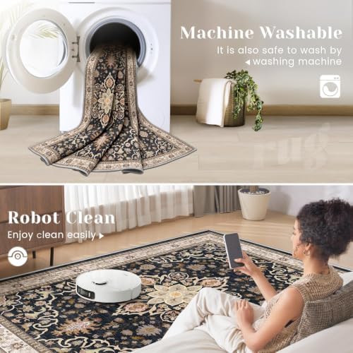 9x12 Area Rugs for Living Room: Washable Large Vintage Floral Rug Low Pile Non-Slip Boho Carpet for Bedroom Dining Home Office (Black, 9'x12')