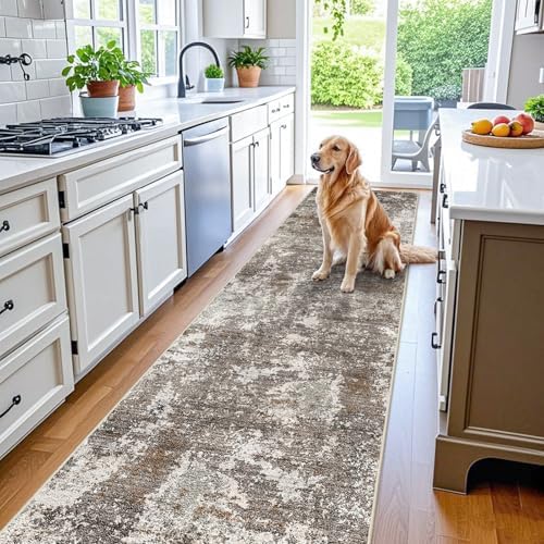 3x20 ft Extra Long Hallway Runner Rug - Non-Slip Washable Floor Runner with Rubber Backing, Modern Low Pile Thin Wide Carpet for Entryway, Kitchen, Living Room (Brown Beige, 3x20)