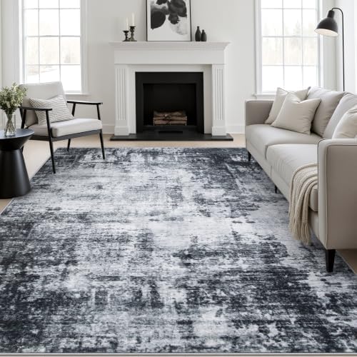 6x9 Area Rug Living Room Rug: Washable Modern Abstract Soft Thin Rug Indoor Floor No Slip Stain Resistant Carpet for Bedroom Dining Room Farmhouse Nursery Home Office - Dark Black