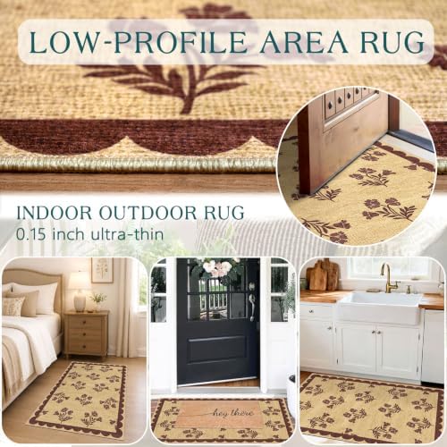 Floral Entry Rug - 28" x 43" Front Door Mat Indoor Outside Entrance Non-Slip Washable Outdoor Mat Jute-Look Burgundy Scalloped Rug for Entryway Kitchen Mudroom Layered Doormat for Front Porch