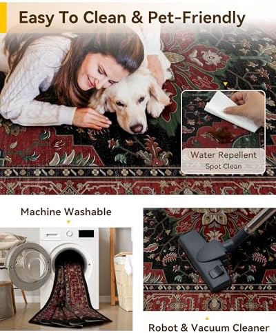 RELEANY Washable Area Rug, Large 10'x12', Red/Black