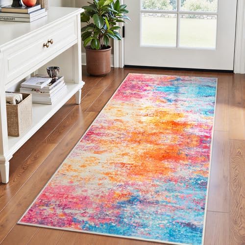Rugflix 2x6 Runner Rug for Hallway, Washable Colorful Rainbow Runners