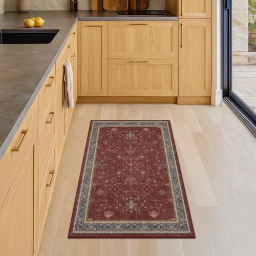 Burgundy 2x3 Washable Rugs for Entryway Indoor, Boho Kitchen Rug for Floor, Bathroom, Doormat Indoor Entrance, Waterproof Non Slip Low Pile Stain & Fade Resistant, Modern Eclectic Floral Decor