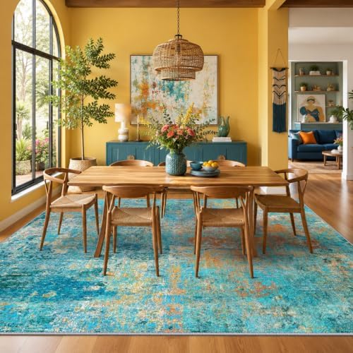 RELEANY Washable 5'x7' Abstract Area Rug for Living Room Teal Multi