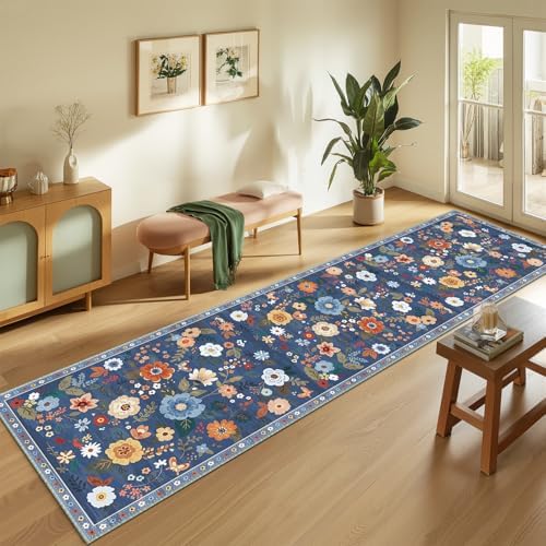 Floral Washable 2x10 Area Rugs Runner Entryway Hallway Blue/Grey