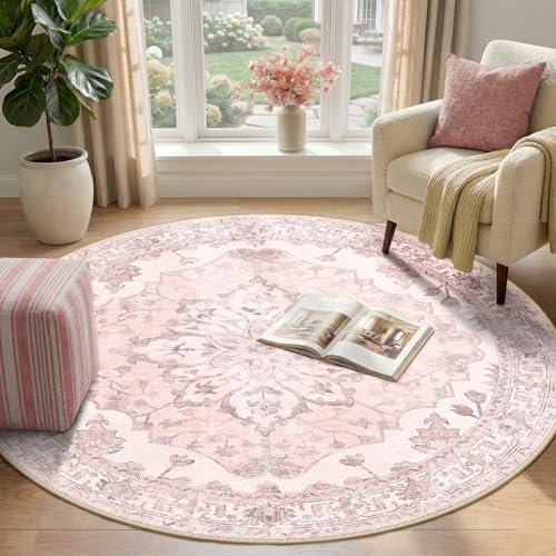 RELEANY Washable Area Rug, Round 4ft, Pink