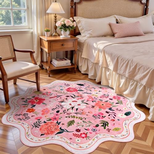 Macgace Floral Round Rug for Girls Bedroom, Washable 5ft Pink Area Rugs