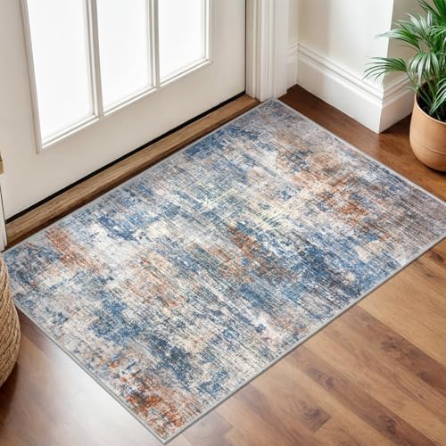 IOHOUZE Small Abstract Area Rug 2x3 Ft Entryway Rugs Washable Door Mat Indoor Entrance, Rubber Backed Throw Rugs, Printed Faux Wool Non Slip Floor Carpet for Foyer Front Door Sink, Blue Rust