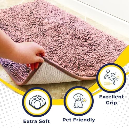 Muddy Mat® | Super Water Absorbent Door Mat Indoor, Microfiber Quick Dry Chenille Entryway Rug, Slip Resistant Front Door Mat, Indoor Mats for Entryway, Machine Washable Pet Rug, Pink 19"x30"