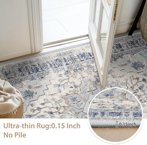 BESTSWEETIE Washable Boho 2x3 Area Rug, No Pile for Living Room, Beige Blue